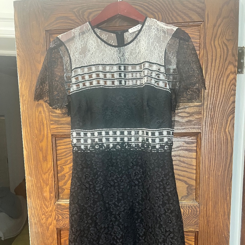 Sandro black eyelash lace dress with white accents: size small